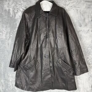 Valerie Stevens Lamb Leather Coat Womens M Black Long Button Trench Jacket Y2K